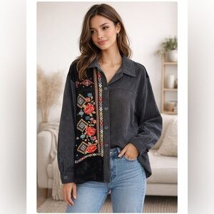 Savanna Jane Cordury Button Down with Floral Embroidery